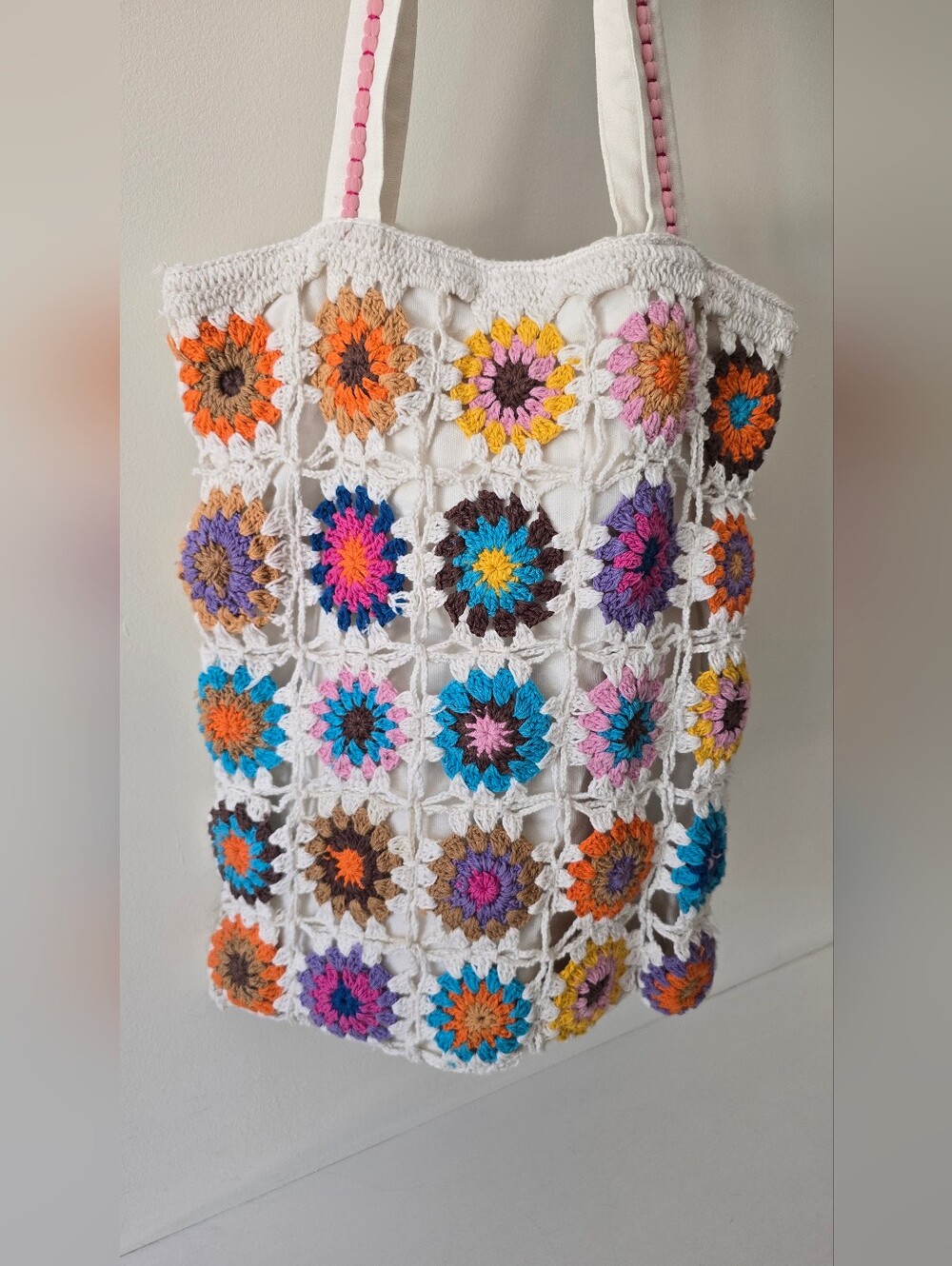 Boho Crochet Granny Square Tote Bag Colorful Floral Shoulder Bag - Picture 2 of 8
